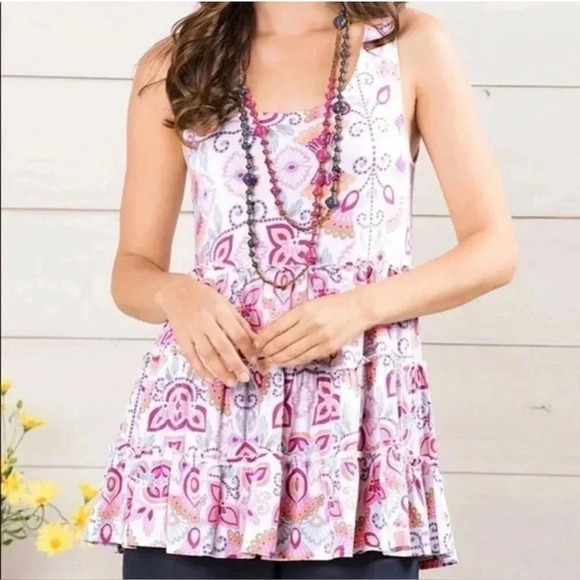 Matilda Jane Printed Adventure Begins Breathe Deeply Tunic Tank Top Size Medium - Picture 3 of 11